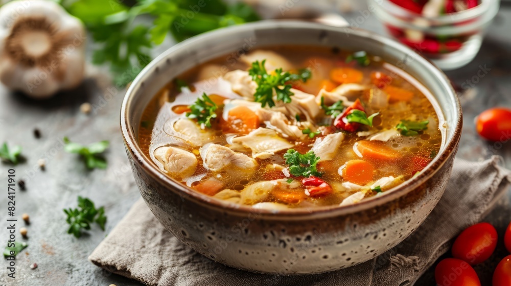 Chicken soup with copy space area. Delicious food Chicken soup with copy space area. Delicious food