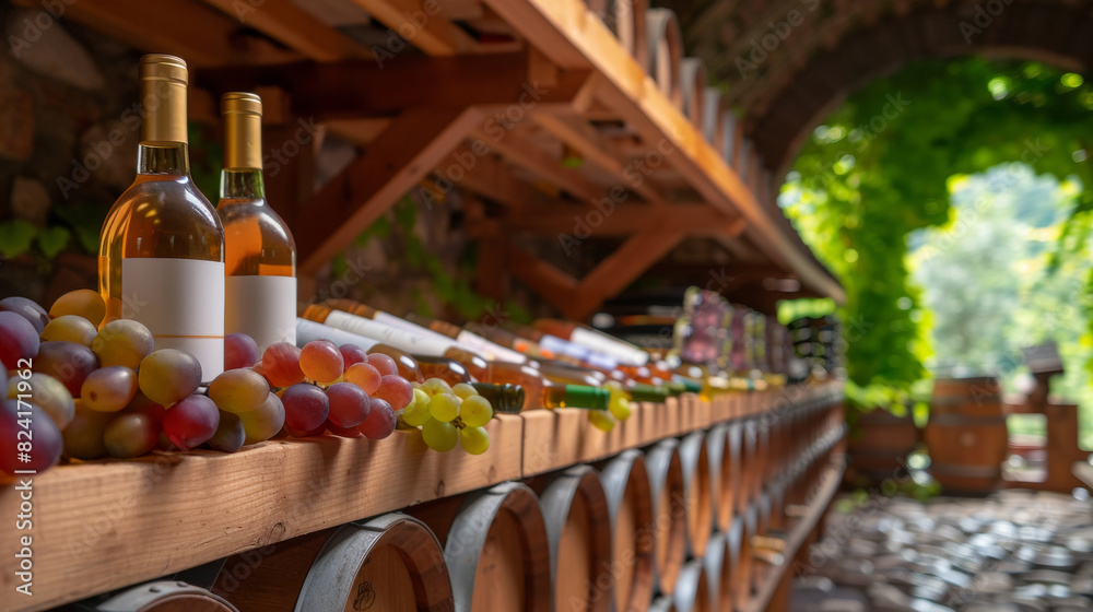 Row of wine bottles with different colored wines, accompanied by bunches of red, green, and purple grapes. Perfect for themes related to wine, vineyards and gourmet experiences Row of wine bottles with different colored wines, accompanied by bunches of red, green, and purple grapes. Perfect for themes related to wine, vineyards and gourmet experiences