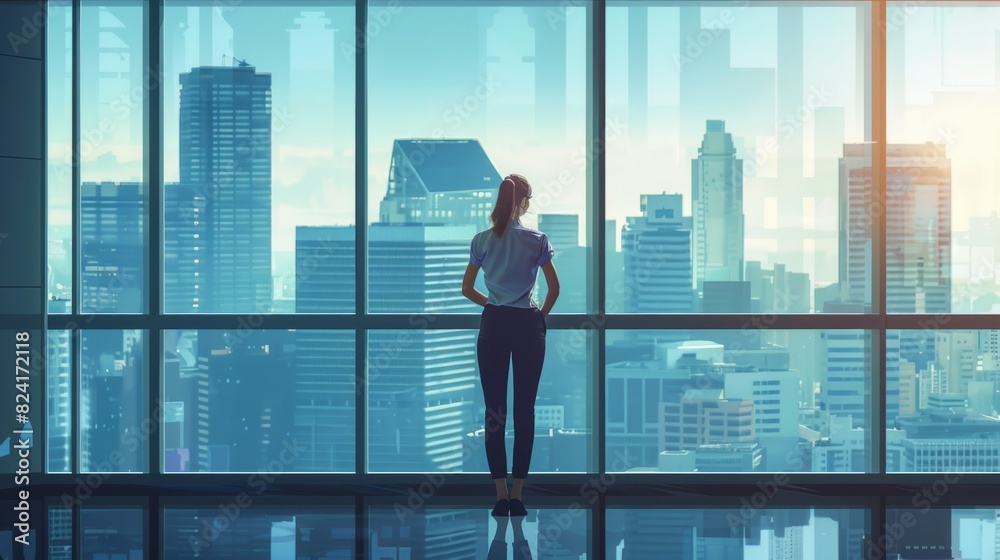 Fototapeta premium Successful businesswoman looking out of a large window overlooking the city generative ai