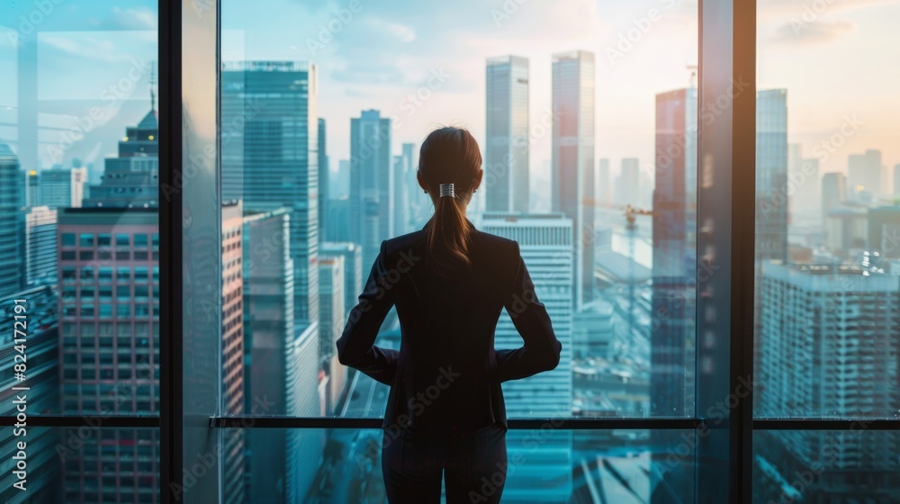 Successful businesswoman looking out of a large window overlooking the city generative ai