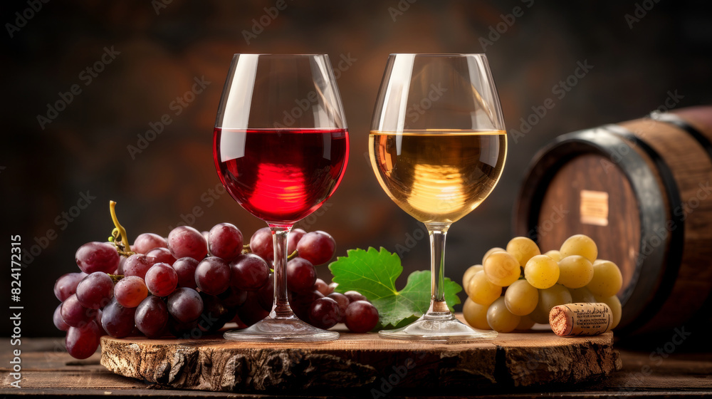 Glasses of wine with bunches of red and green grapes in the background, creating an inviting and elegant setting. Perfect for themes related to wine, vineyards, and gourmet experiences Glasses of wine with bunches of red and green grapes in the background, creating an inviting and elegant setting. Perfect for themes related to wine, vineyards, and gourmet experiences