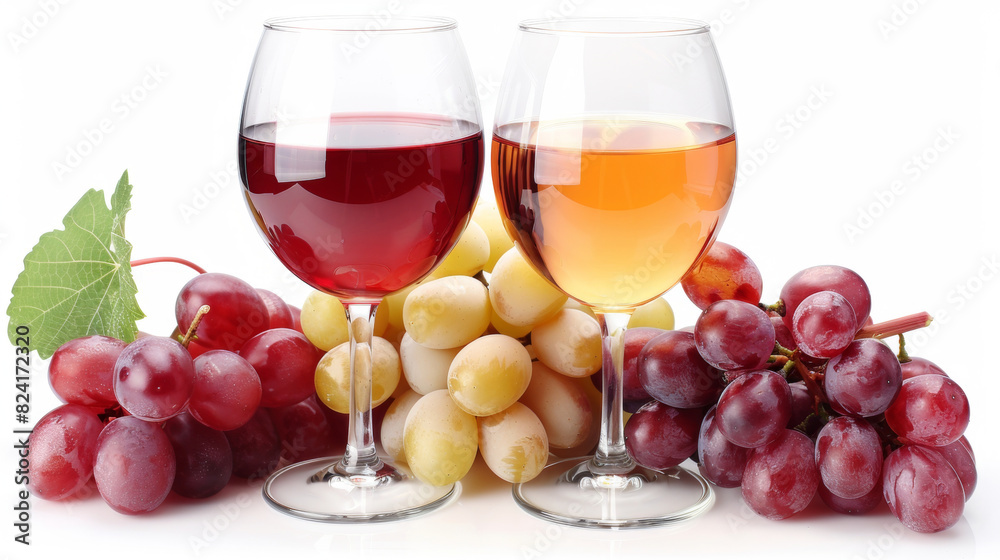 Glasses of wine with bunches of red and green grapes in the background, creating an inviting and elegant setting. Perfect for themes related to wine, vineyards, and gourmet experiences