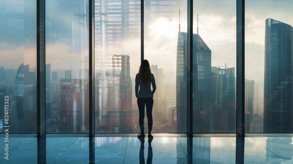 Successful businesswoman looking out of a large window overlooking the city generative ai Successful businesswoman looking out of a large window overlooking the city generative ai