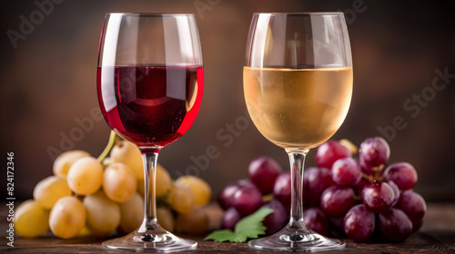 Glasses of wine with bunches of red and green grapes in the background  creating an inviting and elegant setting. Perfect for themes related to wine  vineyards  and gourmet experiences