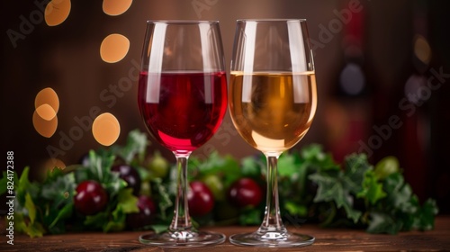 Glasses of wine with bunches of red and green grapes in the background  creating an inviting and elegant setting. Perfect for themes related to wine  vineyards  and gourmet experiences