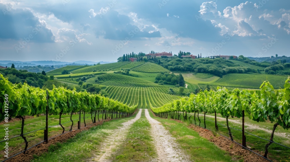 Farm vineyard. Fields with grape bushes . A picturesque vineyard with rows of grapevines leading up to a rustic farmhouse on a hillside under a partly cloudy sky