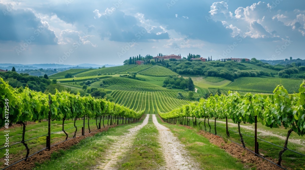 Farm vineyard. Fields with grape bushes . A picturesque vineyard with rows of grapevines leading up to a rustic farmhouse on a hillside under a partly cloudy sky Farm vineyard. Fields with grape bushes . A picturesque vineyard with rows of grapevines leading up to a rustic farmhouse on a hillside under a partly cloudy sky
