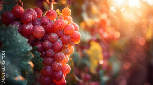 Close-up of ripe grapes hanging on the vine with a warm, golden sunset in the background, creating a beautiful and atmospheric scene