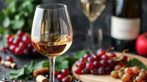 Glasses of wine with bunches of grapes and wine bottles in the background  creating a warm and inviting atmosphere. Perfect for themes related to wine  vineyards and gourmet