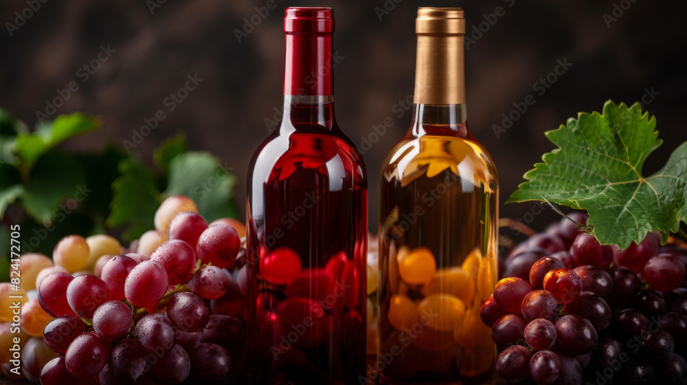 Row of wine bottles with different colored wines, accompanied by bunches of red, green, and purple grapes. Perfect for themes related to wine, vineyards and gourmet experiences