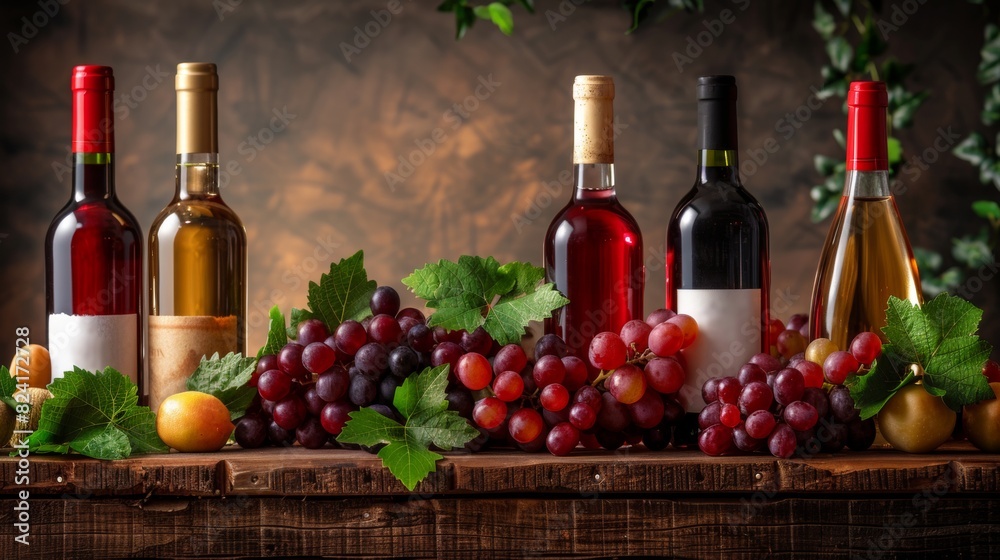 Row of wine bottles with different colored wines, accompanied by bunches of red, green, and purple grapes. Perfect for themes related to wine, vineyards and gourmet experiences