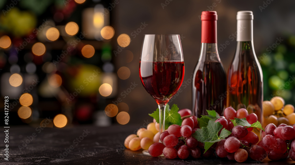 Glasses of wine with bunches of grapes and wine bottles in the background, creating a warm and inviting atmosphere. Perfect for themes related to wine, vineyards and gourmet