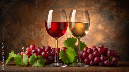 Glasses of wine with bunches of red and green grapes in the background  creating an inviting and elegant setting. Perfect for themes related to wine  vineyards  and gourmet experiences