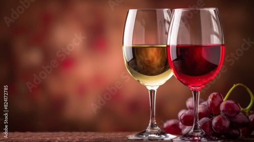 Glasses of wine with bunches of red and green grapes in the background, creating an inviting and elegant setting. Perfect for themes related to wine, vineyards, and gourmet experiences