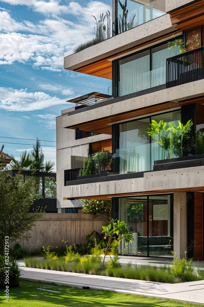 Contemporary Residential Building Showcasing Modern Design and Sustainable Architecture with Rooftop Garden and Green Landscapes