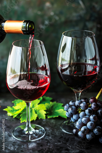 Close-up of red wine being poured into a glass against a backdrop of bunches of grapes against a dark rich background. Ideal for themes related to wine, luxury and fine dining