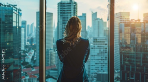 Successful businesswoman looking out of a large window overlooking the city generative ai