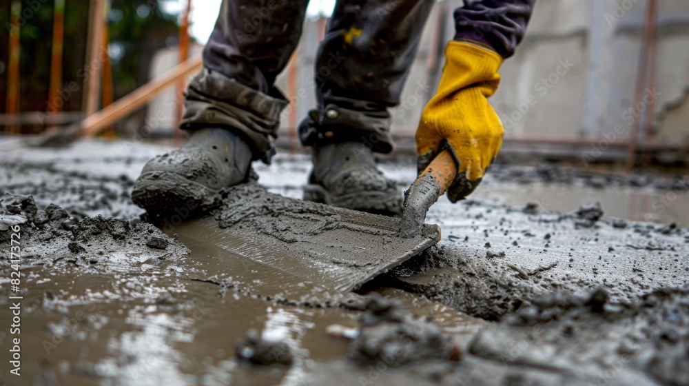 A construction worker uses a trowel to smooth out the surface of the poured cement ensuring a level and sy foundation. A construction worker uses a trowel to smooth out the surface of the poured cement ensuring a level and sy foundation.
