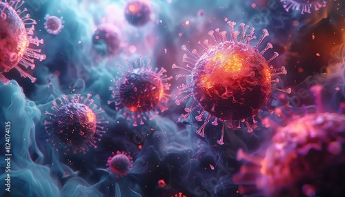 Abstract visualization of hepatitis infection with swirling particles, Cyberpunk, Neon Colors, High Detail, Highlighting liver damage