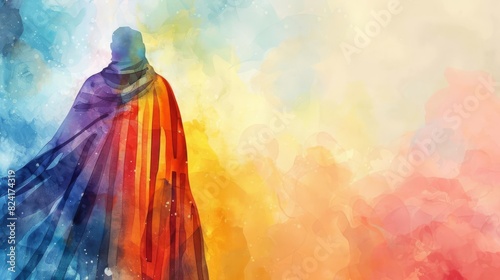 vibrant watercolor illustration of josephs coat of many colors blurred background with bible story theme photo