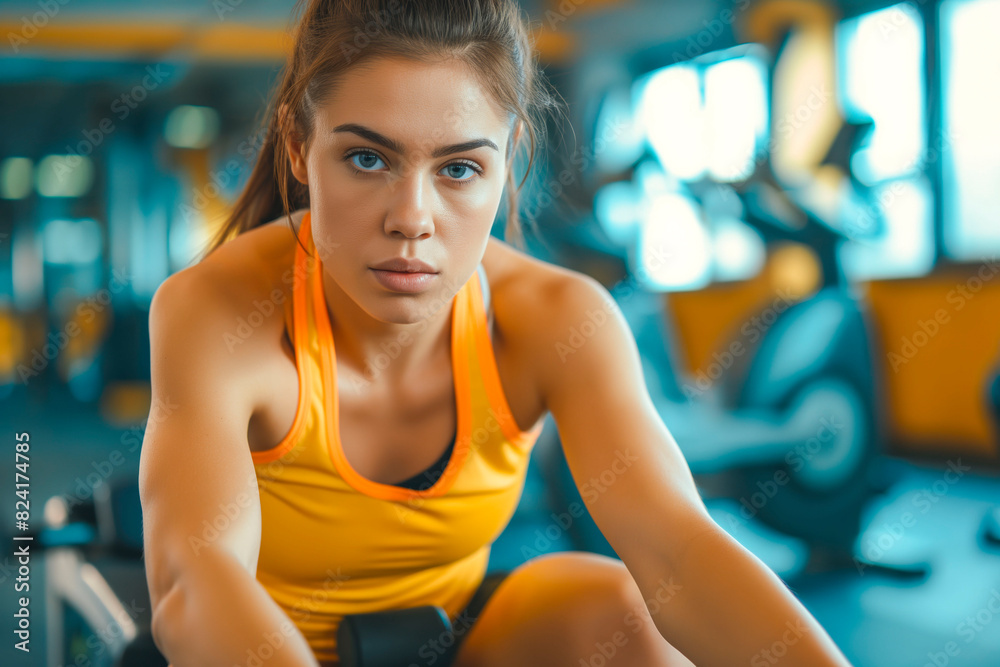 Active young woman doing an exercise on a rowing machine in a gym. Active young woman doing an exercise on a rowing machine in a gym.