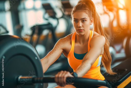 Active young woman doing an exercise on a rowing machine in a gym. © MVProductions