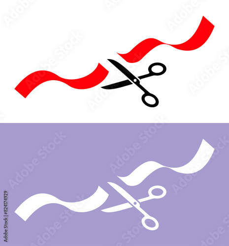 Illustration of cutting a red ribbon with scissors. Symbol of the grand opening or completion of construction. Festive event, opening of a new facility.