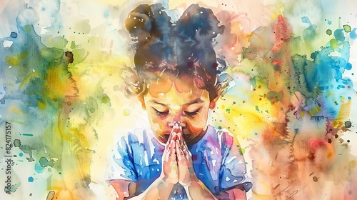 whimsical watercolor portrait of little girl in heartfelt prayer