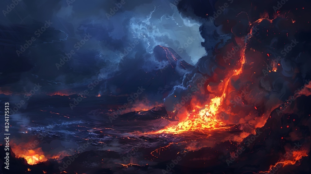 an erupting mountain spewing fiery ash into the sky