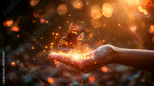 Natural background of flying butterfly and human hand photo