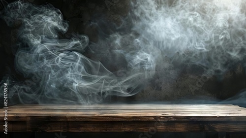 mysterious smoky table empty wooden table with ethereal smoke rising against a dark backdrop