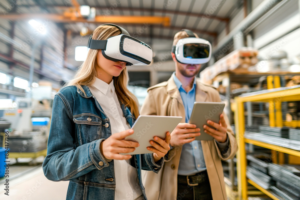Businesswoman wearing VR glasses with her colleague using tablet PC in factory. Future tech in factories Businesswoman wearing VR glasses with her colleague using tablet PC in factory. Future tech in factories