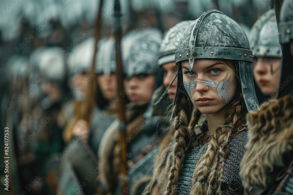 Portrait of a Slavic woman warrior in chain mail: depicting a strong and warlike figure reflecting the spirit and heritage of Slavic culture in its struggle and defense. Portrait of a Slavic woman warrior in chain mail: depicting a strong and warlike figure reflecting the spirit and heritage of Slavic culture in its struggle and defense.