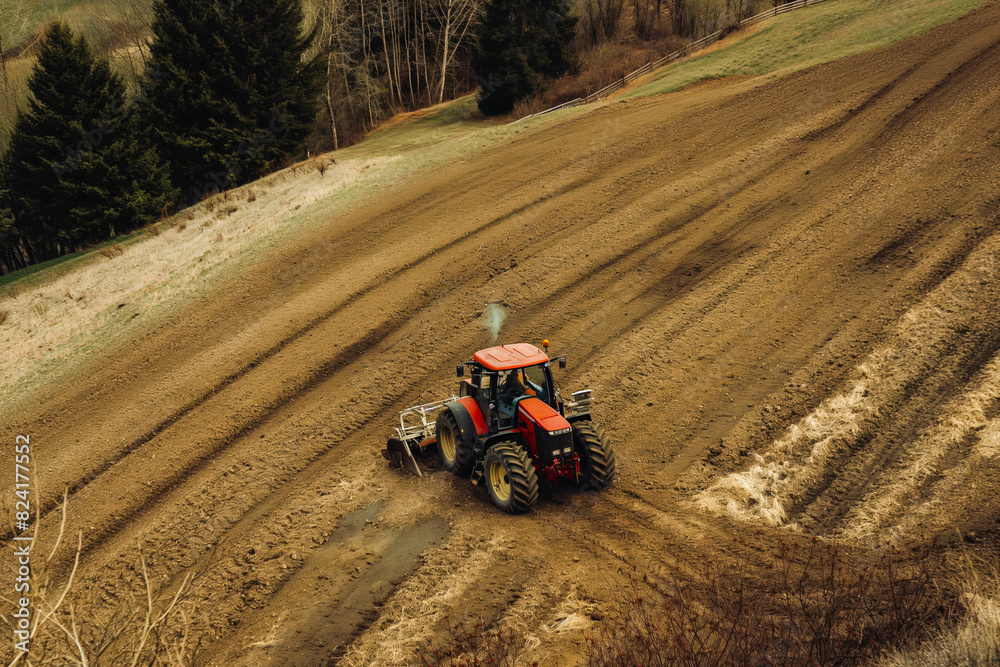 Drone view of a agricultural work with a tractor on a sunny spring day