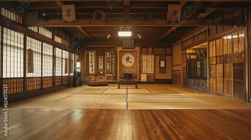 The image is a dojo, a place for martial arts training. The dojo is made of wood and has a high ceiling. The floor is covered with tatami mats.