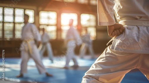A young man in a white karate gi is practicing his kata in a dojo. He is focused and determined, and his movements are precise and powerful. photo
