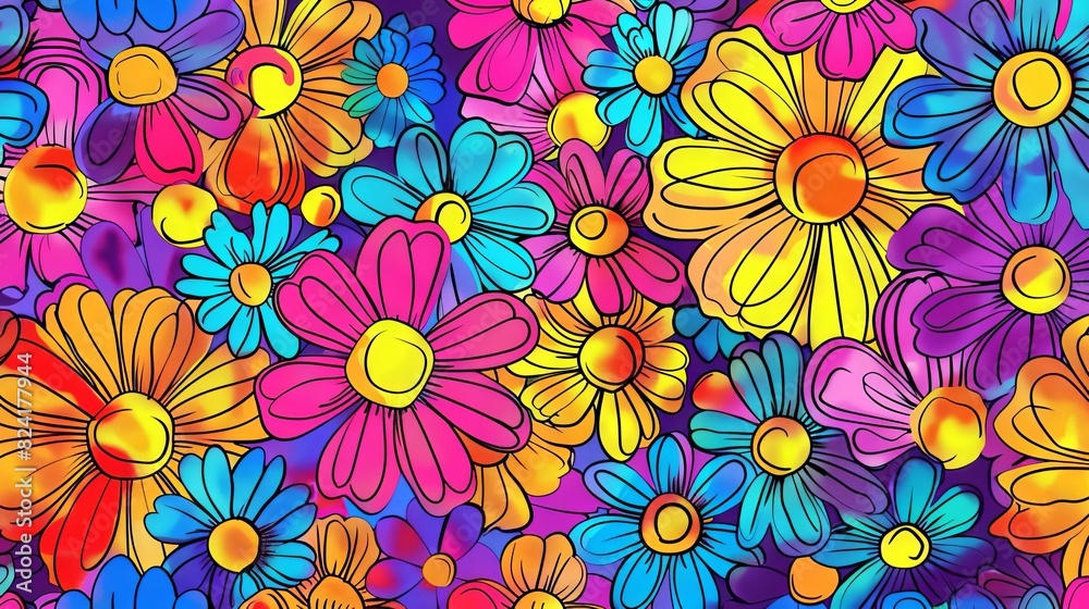 psychedelic flower power background colorful tiedye daisies retro hippie illustration