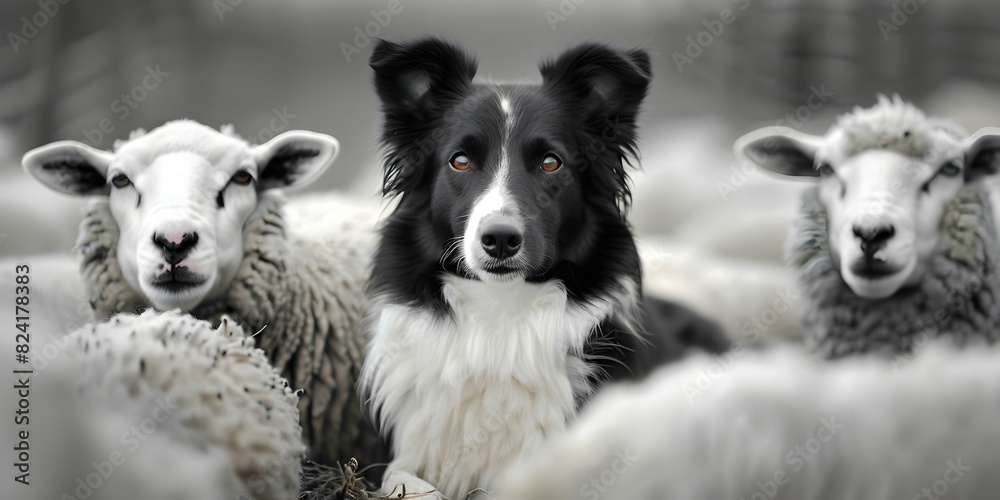 Border Collie Dog in Black and White Coat Guards Flock of Sheep. Concept Animals, Dogs, Sheep, Border Collies, Farm Life Border Collie Dog in Black and White Coat Guards Flock of Sheep. Concept Animals, Dogs, Sheep, Border Collies, Farm Life