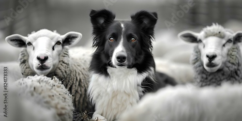 Border Collie Dog in Black and White Coat Guards Flock of Sheep. Concept Animals  Dogs  Sheep  Border Collies  Farm Life