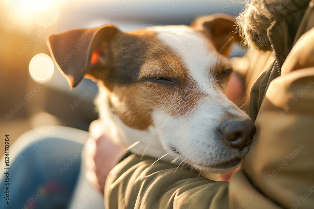 Close up of dog with closed eyes while his owner sitting next to him on car trunk and stroking him Close up of dog with closed eyes while his owner sitting next to him on car trunk and stroking him