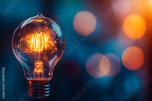 Close up view of a light bulb with a blurry background. Creativity, innovation, or energy-saving concepts