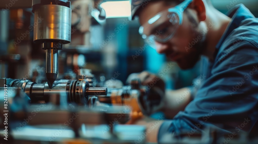 skilled machinist working in factory with copy space blurred background industrial setting skilled machinist working in factory with copy space blurred background industrial setting