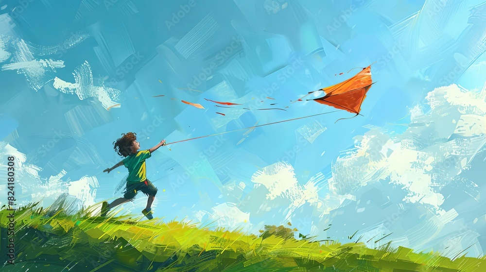Illustrate a child joyfully running across a green field, holding the string of a brightly colored kite flying high above, Close up Illustrate a child joyfully running across a green field, holding the string of a brightly colored kite flying high above, Close up