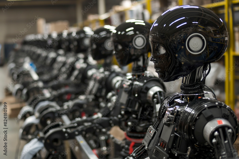 Assembly line of humanoid service robots at a factory. Assembly line of humanoid service robots at a factory.