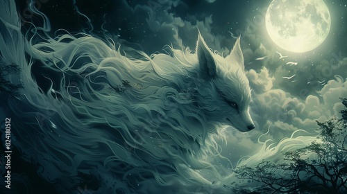 Illustrate a cunning kitsune with multiple tails, shapeshifting in a Japanese forest under a full moon, Close up photo