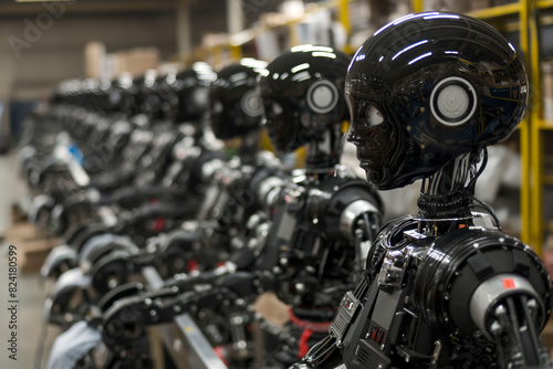 Assembly line of humanoid service robots at a factory.