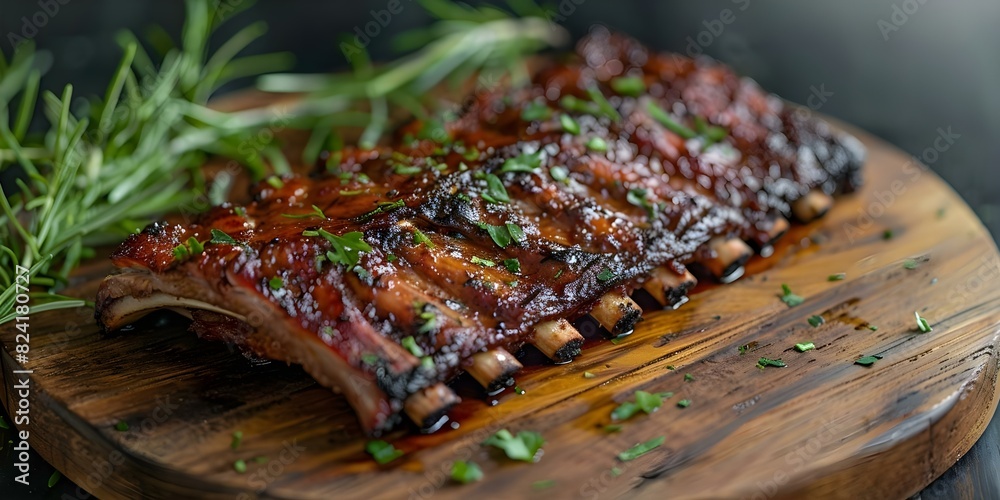 Delicious Grilled Pork Ribs on a Wooden Platter with Copy Space and Selective Focus. Concept Food Photography, Grilled Pork Ribs, Wooden Platter, Copy Space, Selective Focus