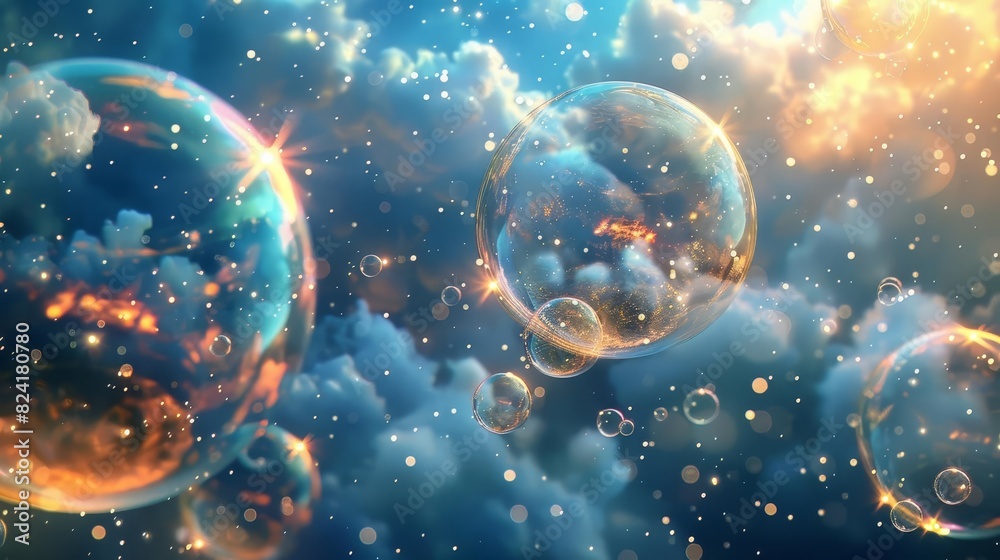 Illustrate a dreamy scene of bubbles floating up into the sky, each bubble containing a tiny, fantastical world inside, Close up