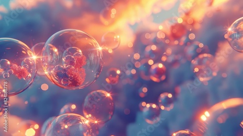 Illustrate a dreamy scene of bubbles floating up into the sky, each bubble containing a tiny, fantastical world inside, Close up