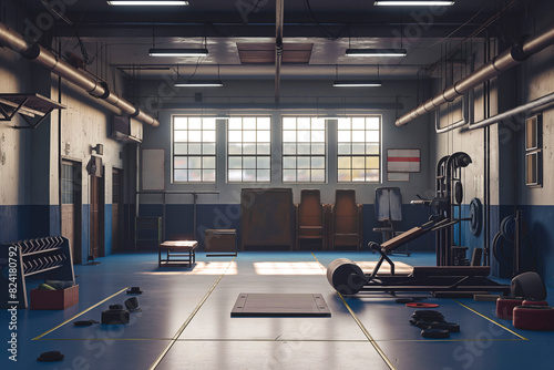 Empty gym scene with various types of equipment ready for use.